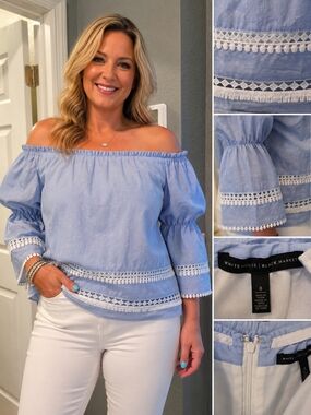 White House Black Market Blue Off-Shoulder Boho Blouse – Size 8
